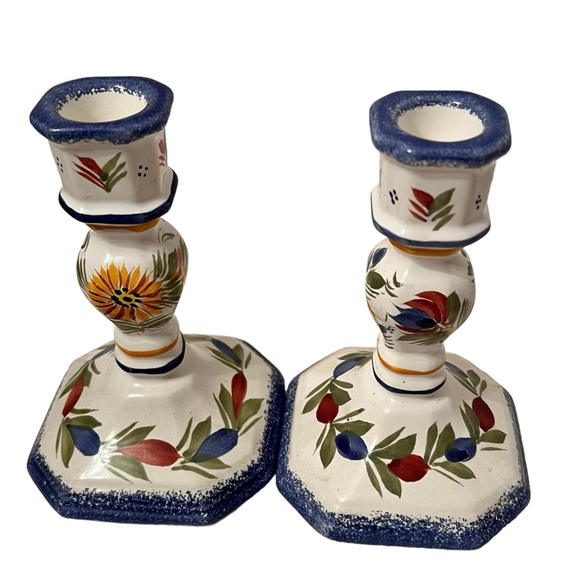 Vintage Herriot Quimper Porcelain Set of 2 Candlestick Holders France 5.75” - Picture 5 of 7